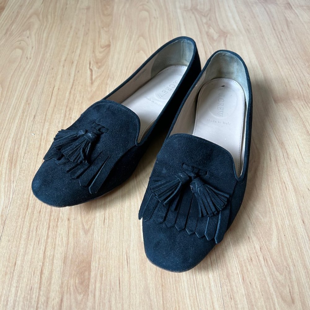 J. Crew black suede tassel loafers
